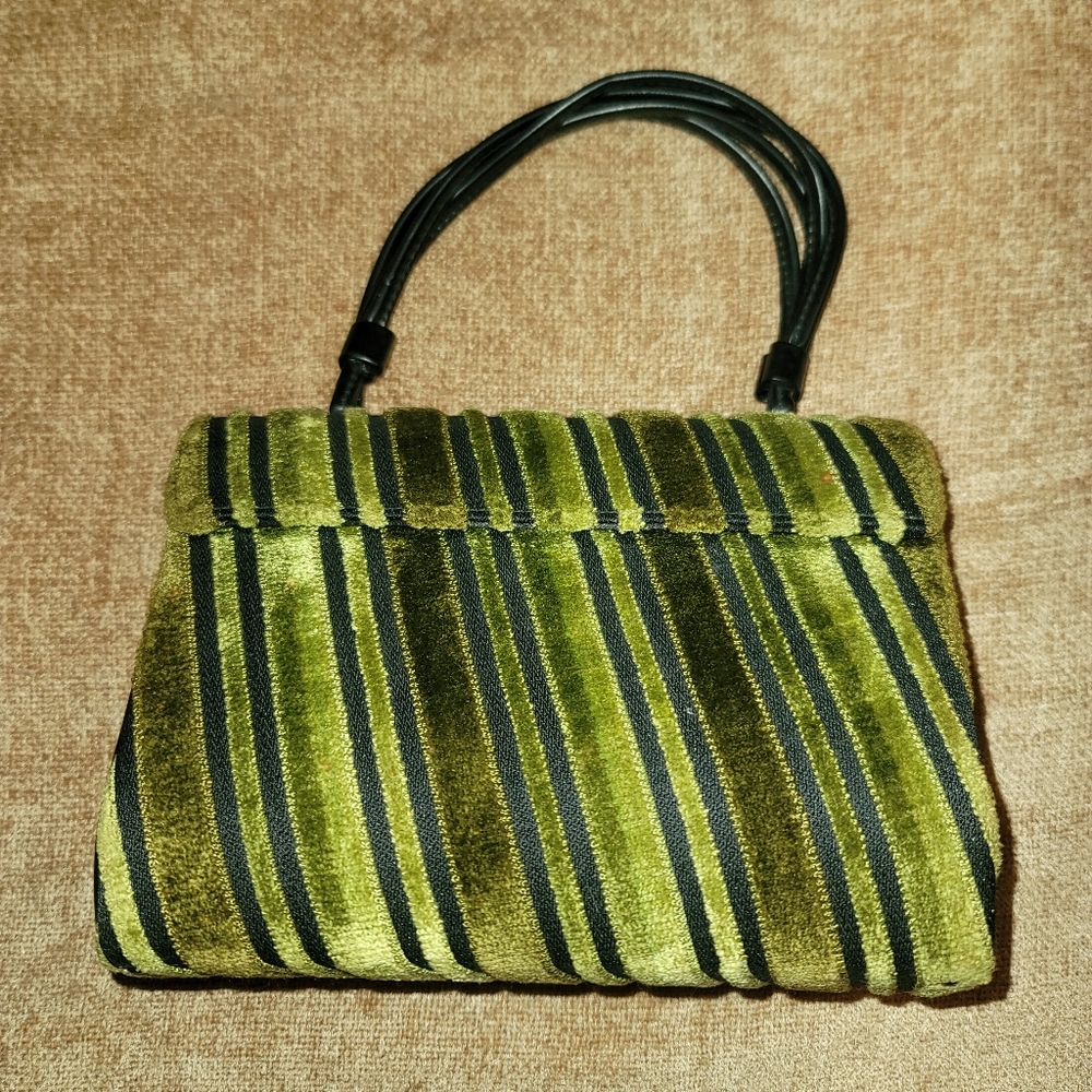 Vintage Crown Lewis Purse 1960's Velour Velvet Earth Tones Vinyl Handles Brass - Picture 2 of 10